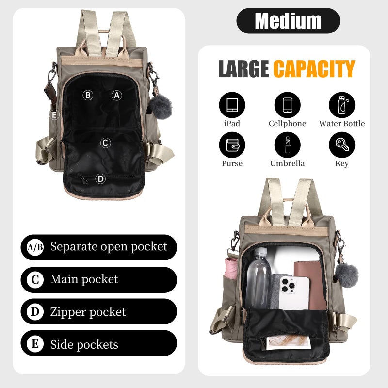 PINCNEL Women Khaki Medium Backpack Purse Waterproof Nylon Anti-theft Rucksack Lightweight Shoulder Bag - Image 3